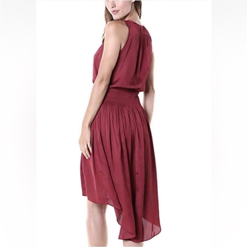 Halston Heritage Sleeveless Smocked Waist High Low Dress Ruby Maroon Small - Picture 2 of 14
